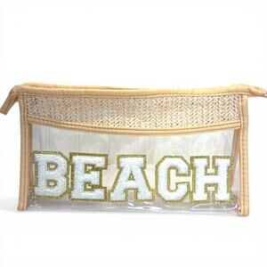 Clear Beach Makeup Bag Chenille Patch Boho Straw Cosmetic Pouch Travel Organizer